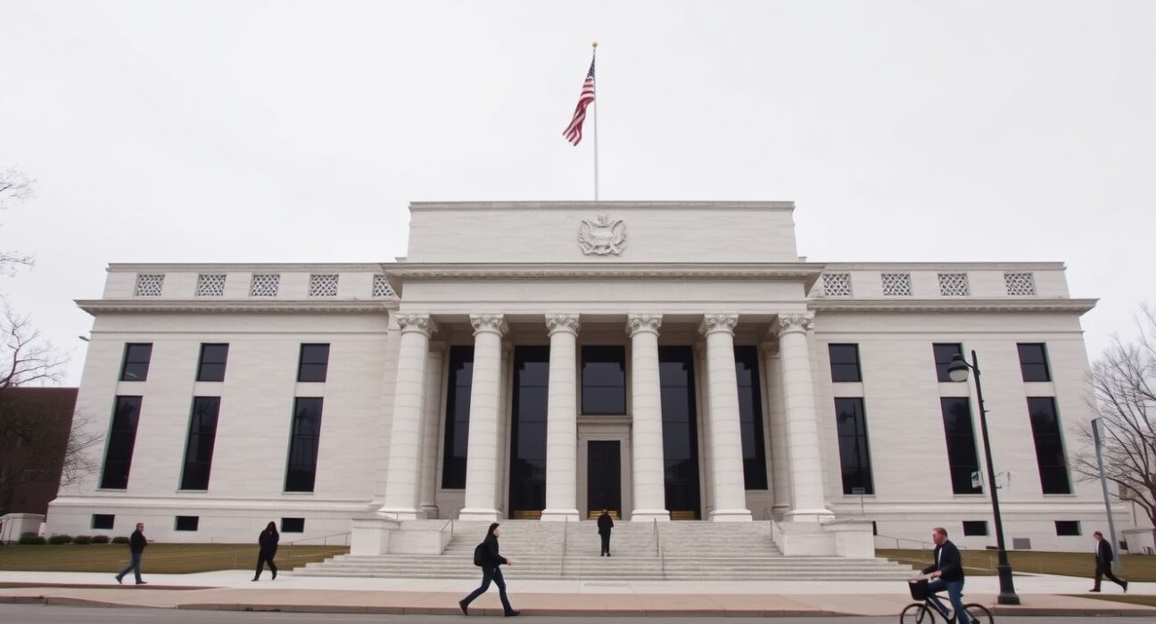 Exterior of the Federal Reserve building in Washington, D.C., under overcast afternoon light.