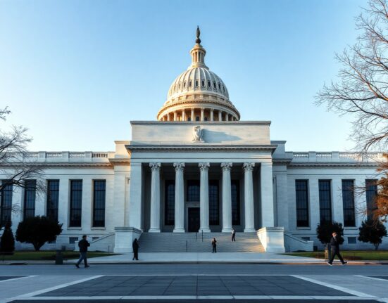 Federal Reserve building in Washington, D.C., under clear morning light.