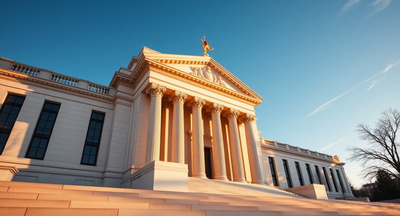 Exterior of the Federal Reserve building in Washington, D.C., under late afternoon sunlight.