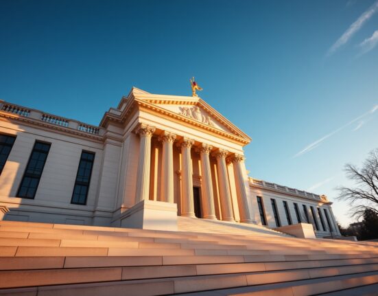 Exterior of the Federal Reserve building in Washington, D.C., under late afternoon sunlight.