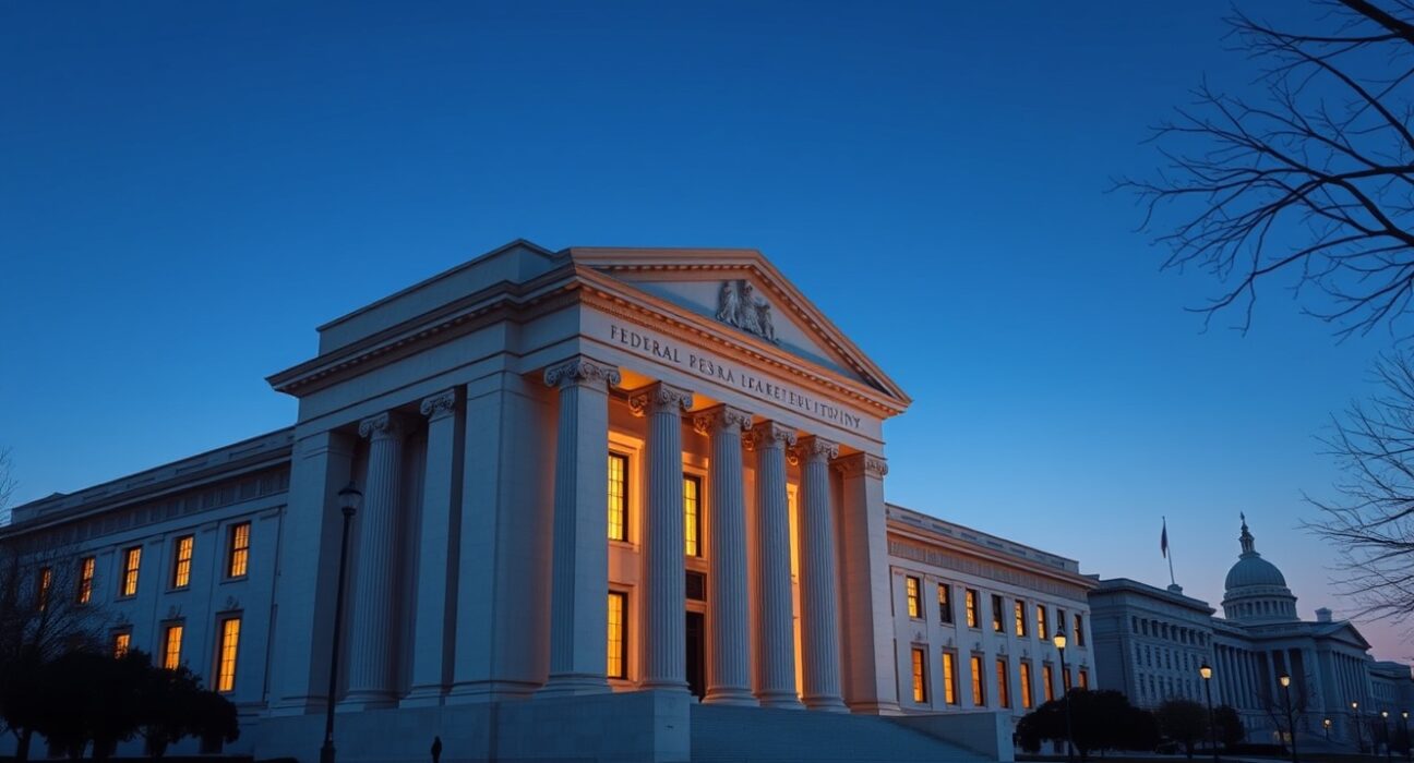 Federal Reserve building analysis of FOMC minutes and interest rate policy risks.