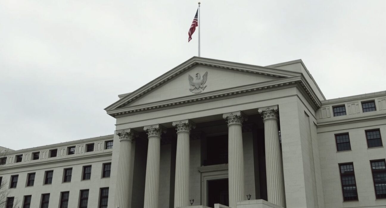 Federal Reserve building exterior with cloudy sky representing economic uncertainty from Middle East events in FOMC statement