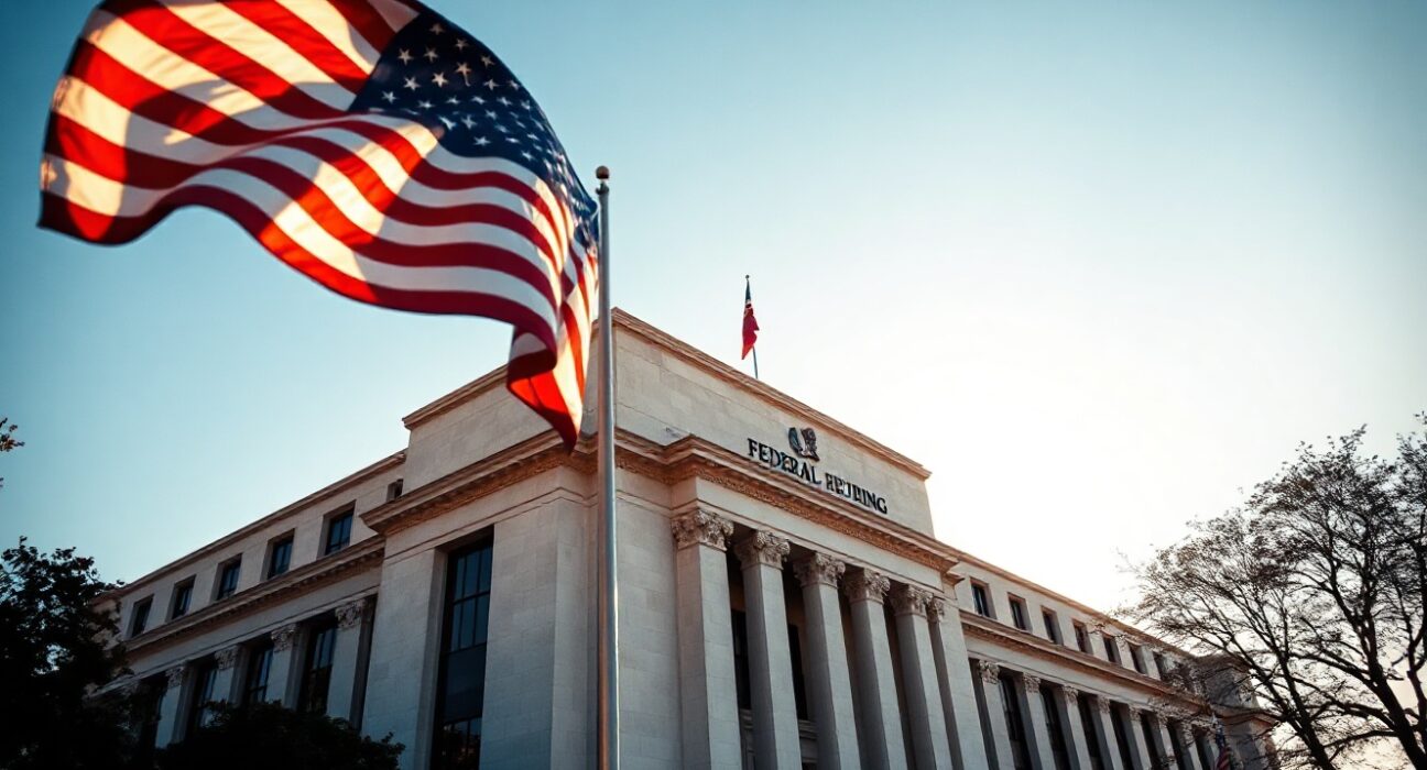 Federal Reserve building in Washington, D.C., with US flag, symbolizing monetary policy decisions.