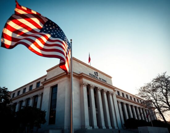 Federal Reserve building in Washington, D.C., with US flag, symbolizing monetary policy decisions.