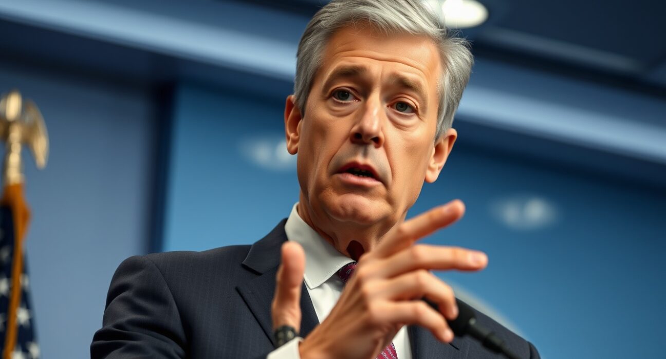Federal Reserve official speaking at a press conference about inflation risks from geopolitical conflict.