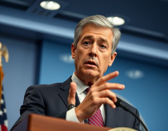 Federal Reserve official speaking at a press conference about inflation risks from geopolitical conflict.