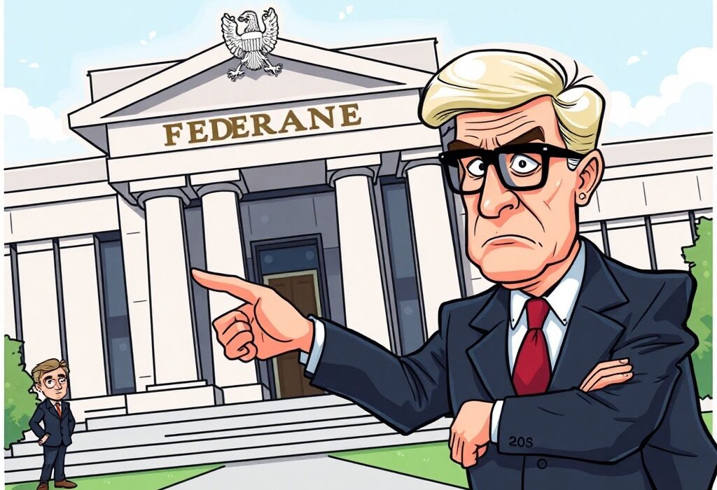 A cartoon illustration showing a government official urging action against Fed Governor Lisa Cook at the Federal Reserve.