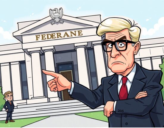 A cartoon illustration showing a government official urging action against Fed Governor Lisa Cook at the Federal Reserve.