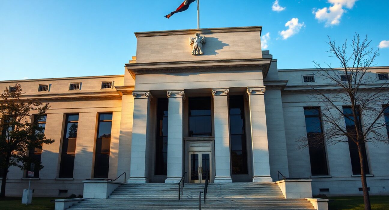 Exterior of the Federal Reserve building in Washington, D.C., with soft afternoon lighting.