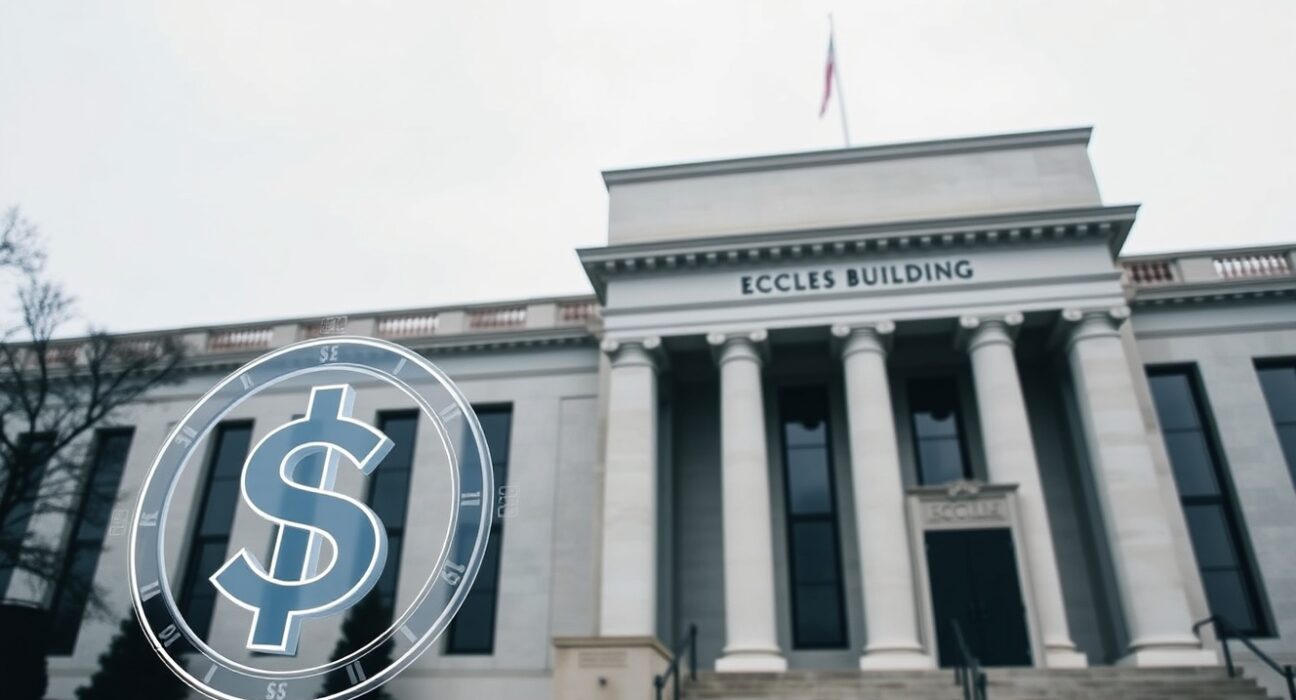 Federal Reserve building exterior with a digital stablecoin icon overlay representing global monetary policy influence.