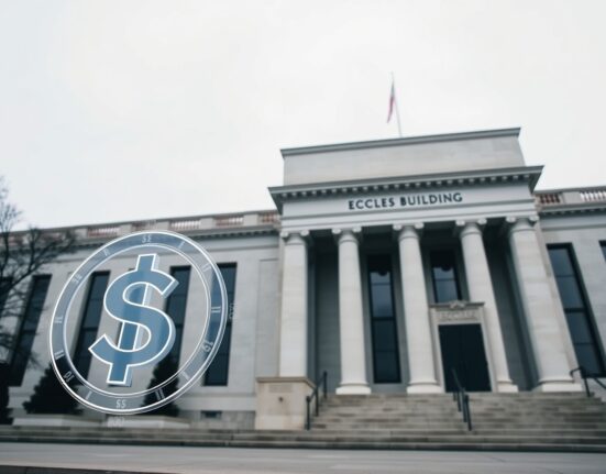 Federal Reserve building exterior with a digital stablecoin icon overlay representing global monetary policy influence.