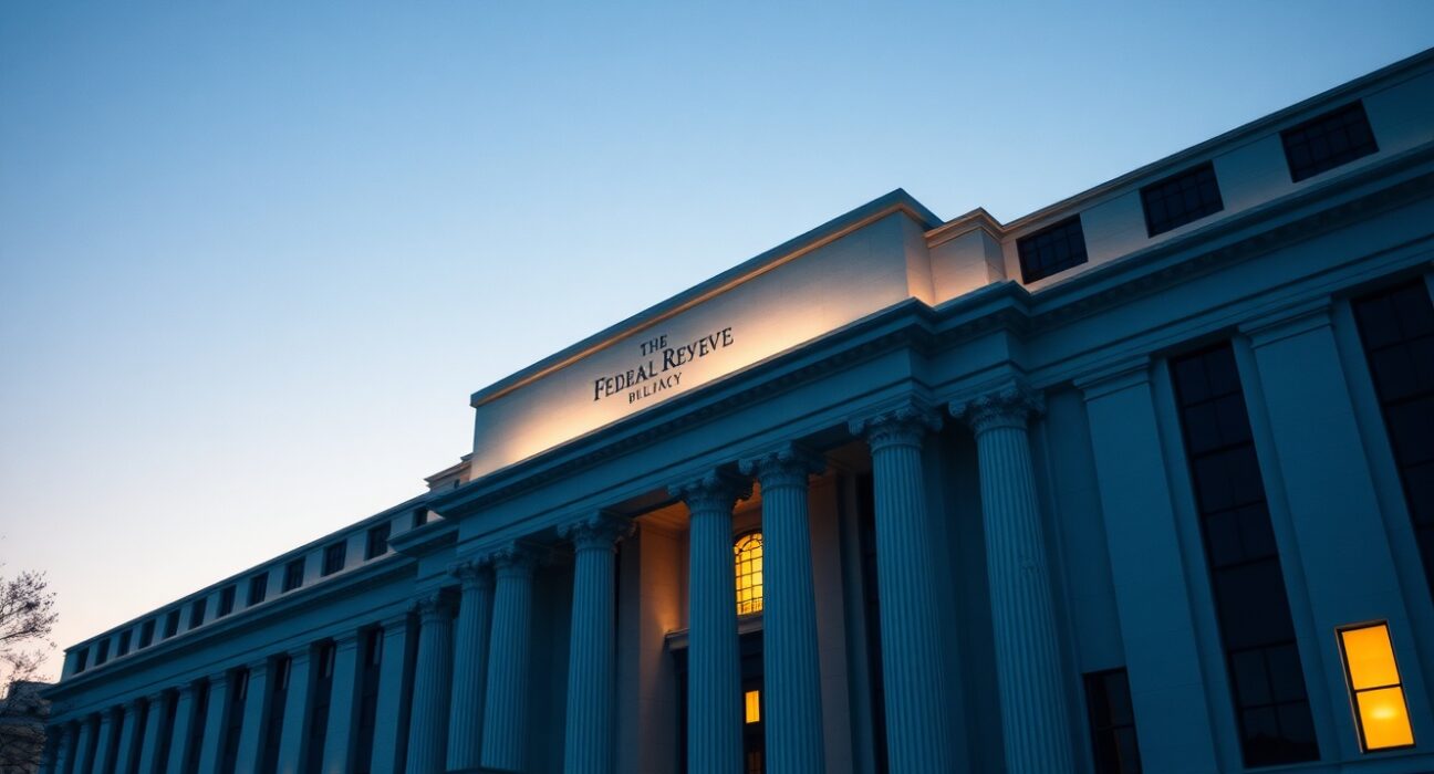 Federal Reserve building in Washington D.C. at dusk, representing the gradual easing path under Warsh analyzed by UOB.