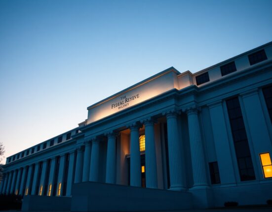Federal Reserve building in Washington D.C. at dusk, representing the gradual easing path under Warsh analyzed by UOB.