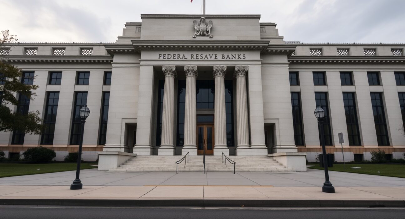Federal Reserve Bank of Cleveland building exterior on a cloudy day, representing central bank policy stance.