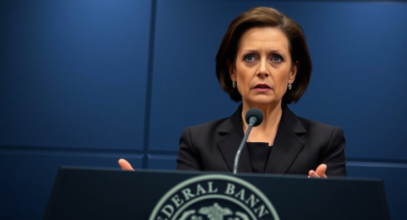 Federal Reserve official Beth Hammack speaking at a press conference, warning about persistent inflation and potential rate hikes.