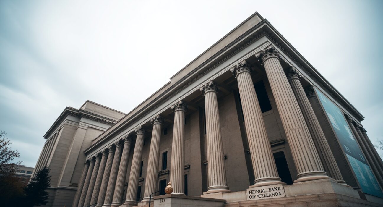 Exterior of the Federal Reserve Bank of Cleveland building on a cloudy day.