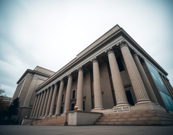Exterior of the Federal Reserve Bank of Cleveland building on a cloudy day.