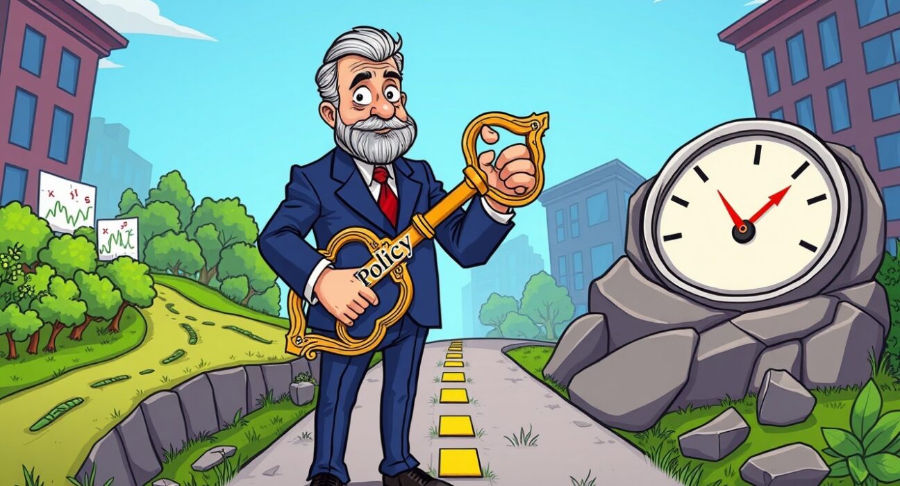 Cartoon illustration of a central banker deciding on a restrictive monetary policy at a financial crossroads.