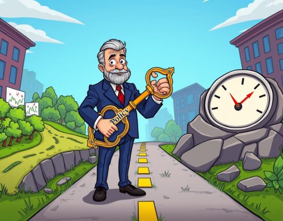 Cartoon illustration of a central banker deciding on a restrictive monetary policy at a financial crossroads.