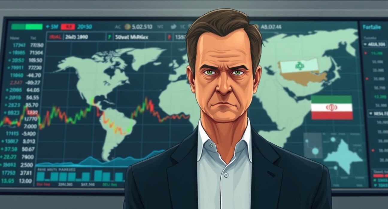 Federal Reserve analysis with global market charts and Middle East map highlighting Iran-Israel tensions.