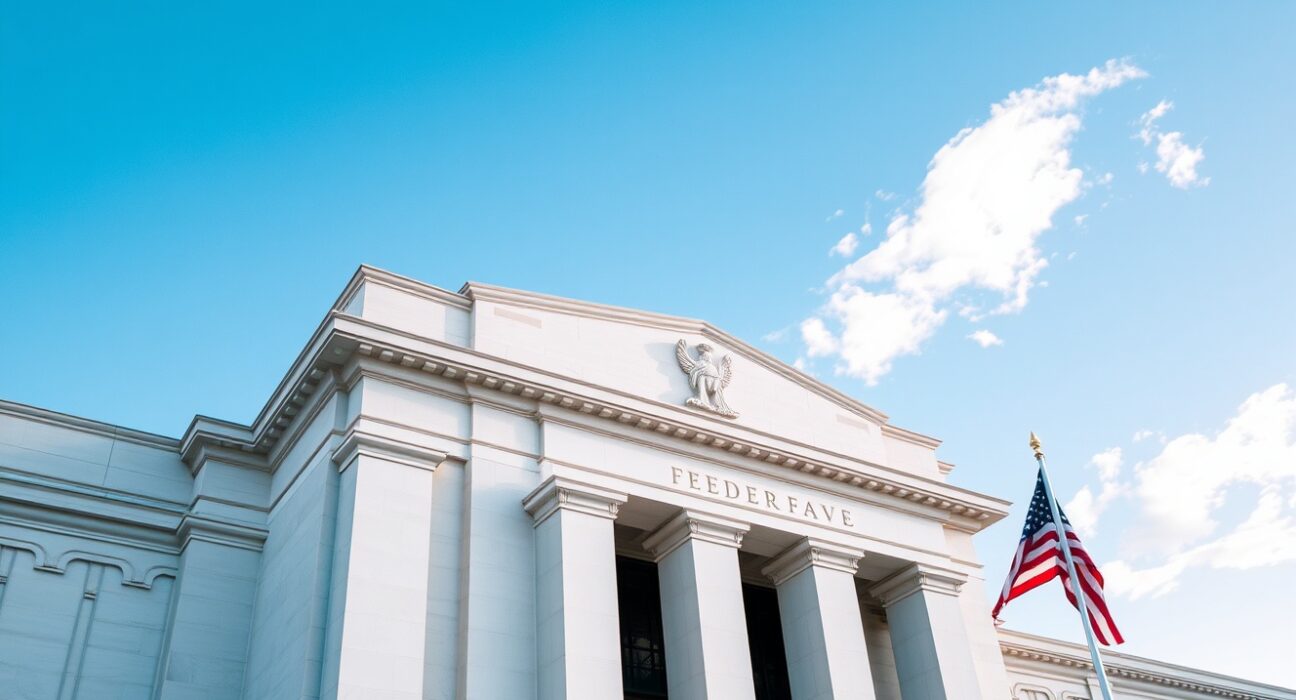 Federal Reserve building in Washington, D.C. on a clear day, representing monetary policy and interest rate decisions.