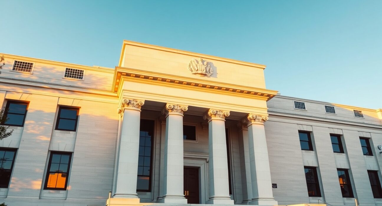 Federal Reserve building facade under golden hour light, representing hawkish split and higher-rate path from Deutsche Bank analysis