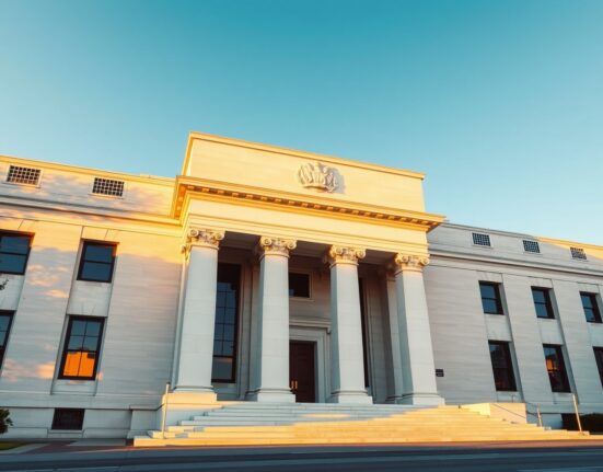 Federal Reserve building facade under golden hour light, representing hawkish split and higher-rate path from Deutsche Bank analysis