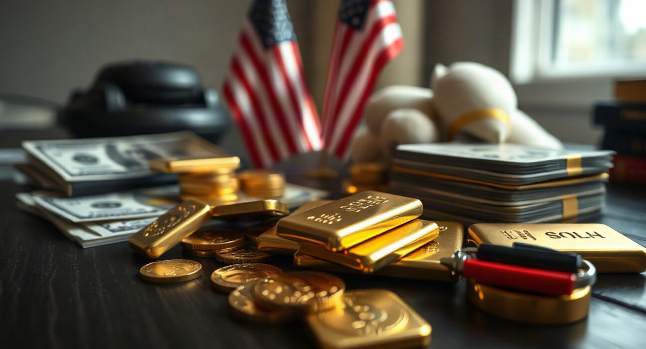 Gold bars and coins with US dollar bills and a small American flag, representing the impact of Fed policy on gold prices.