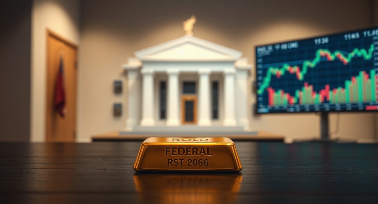 Gold bar on wooden table with Federal Reserve building and economic chart in background