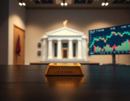 Gold bar on wooden table with Federal Reserve building and economic chart in background