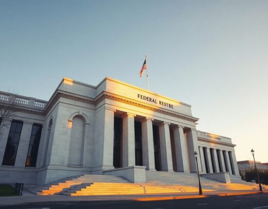 Federal Reserve building exterior in Washington, D.C. during golden hour