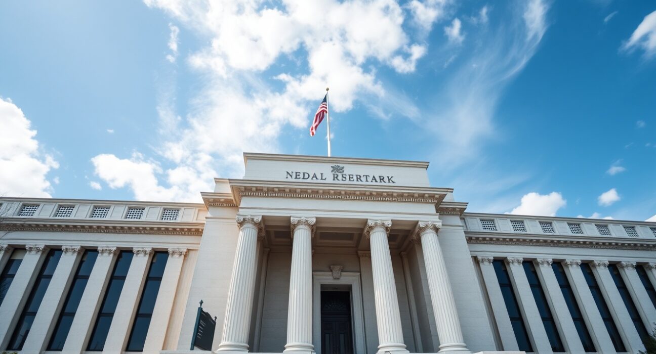 Exterior of the Federal Reserve building in Washington, D.C. on a sunny day.