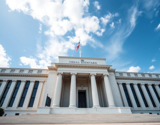 Exterior of the Federal Reserve building in Washington, D.C. on a sunny day.