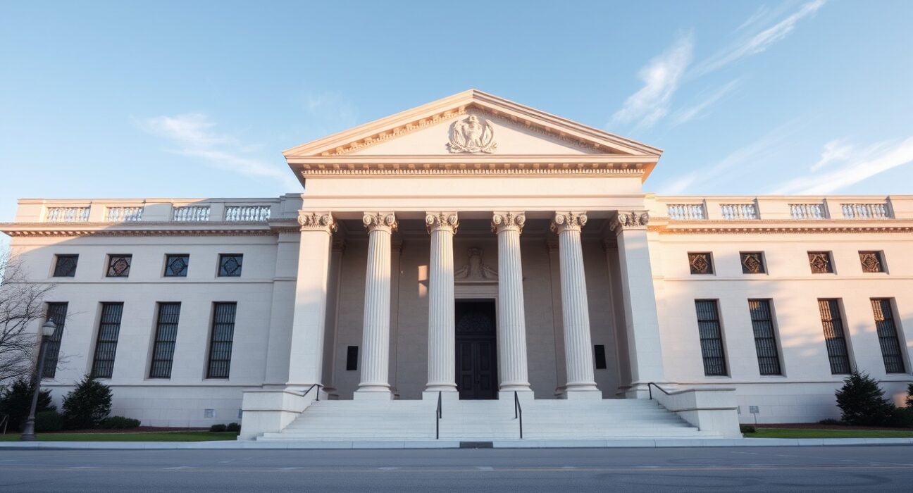 Federal Reserve Board Building in Washington D.C., representing the Fed holds benchmark interest rate steady decision.