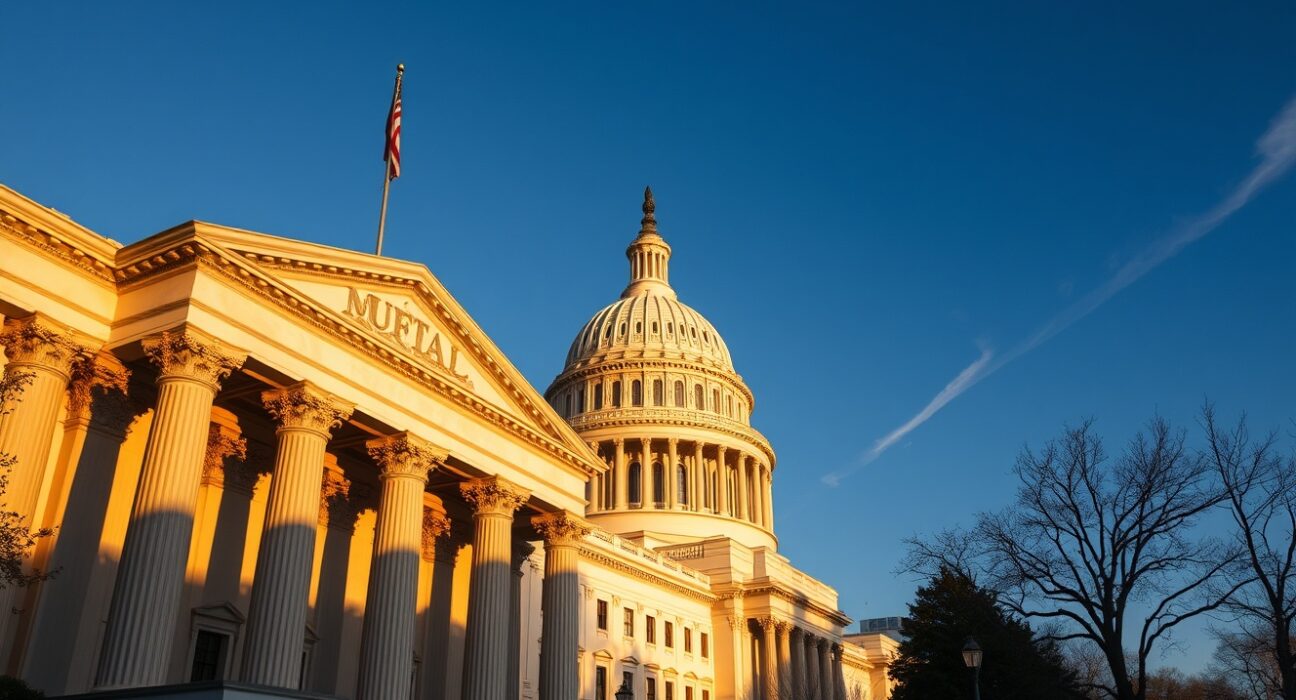 Federal Reserve building in Washington, D.C., with U.S. Capitol in background, symbolizing monetary policy and market reaction.