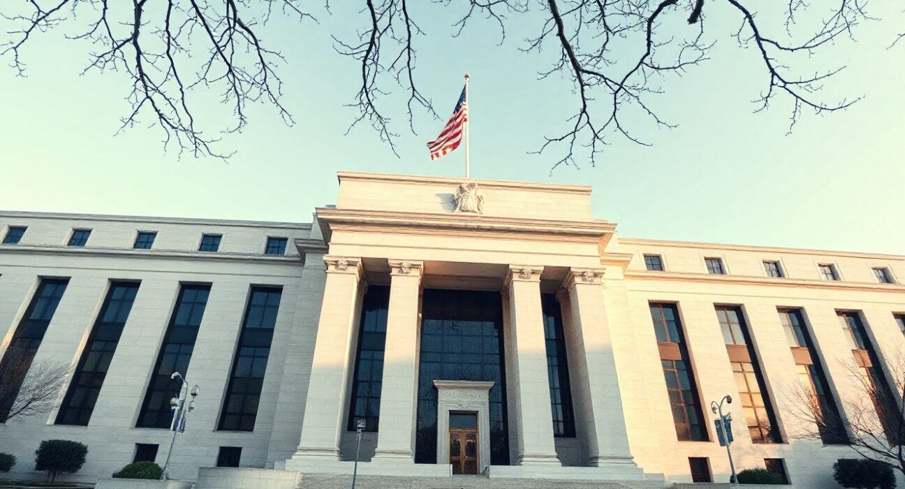 Federal Reserve building in Washington, D.C., as the Fed holds interest rates steady amid uneven economic growth.