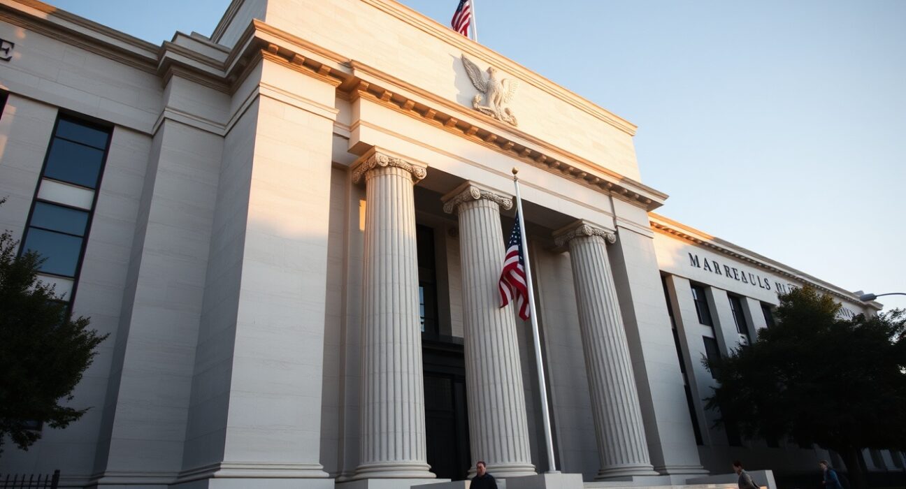 Federal Reserve building in Washington, D.C., as the Fed holds rates steady amid inflation concerns.