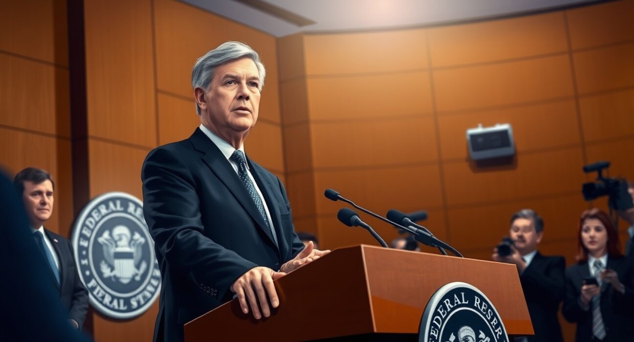 Fed Chairman Powell at a press conference discussing the interest rate close to neutral