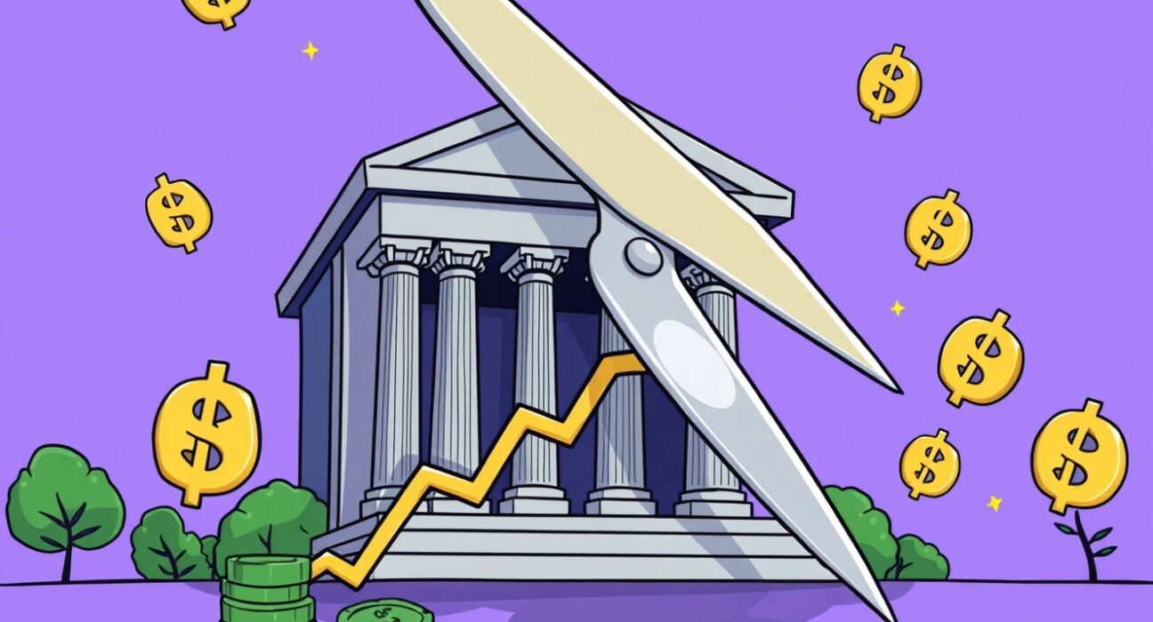 Cartoon showing the impact of a Fed interest rate cut on financial markets and the economy.