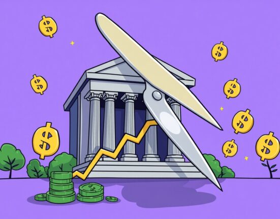 Cartoon showing the impact of a Fed interest rate cut on financial markets and the economy.