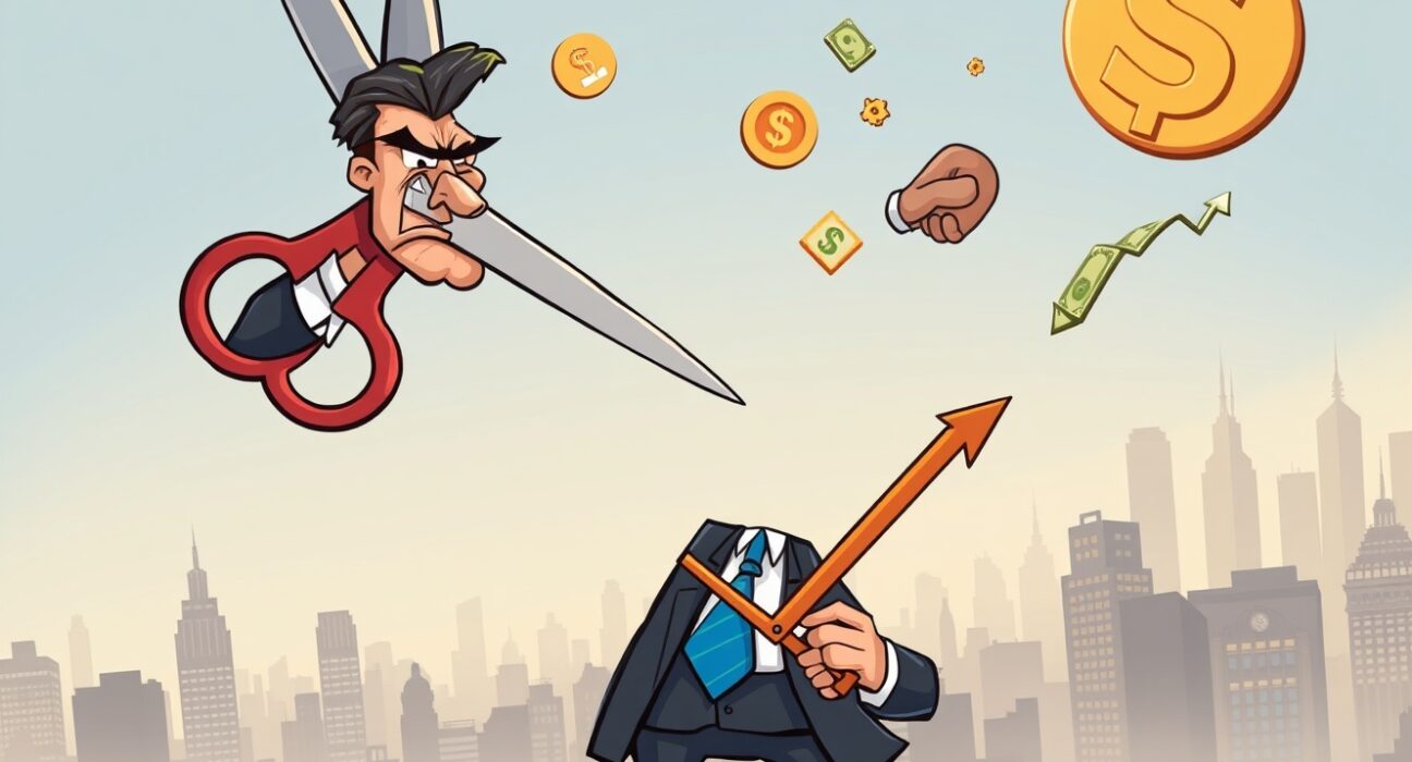 A cartoon illustration showing a central banker signaling potential Fed interest rate cuts, impacting the economy.