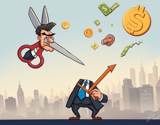 A cartoon illustration showing a central banker signaling potential Fed interest rate cuts, impacting the economy.