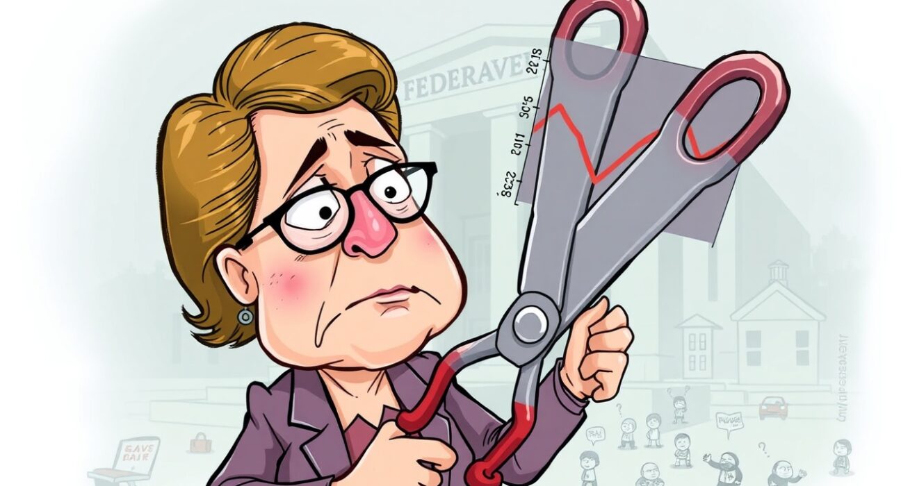 Cartoon of Fed official contemplating Fed interest rate cuts to address a weakening labor market, highlighting urgent economic policy.