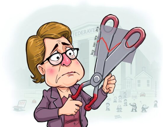 Cartoon of Fed official contemplating Fed interest rate cuts to address a weakening labor market, highlighting urgent economic policy.