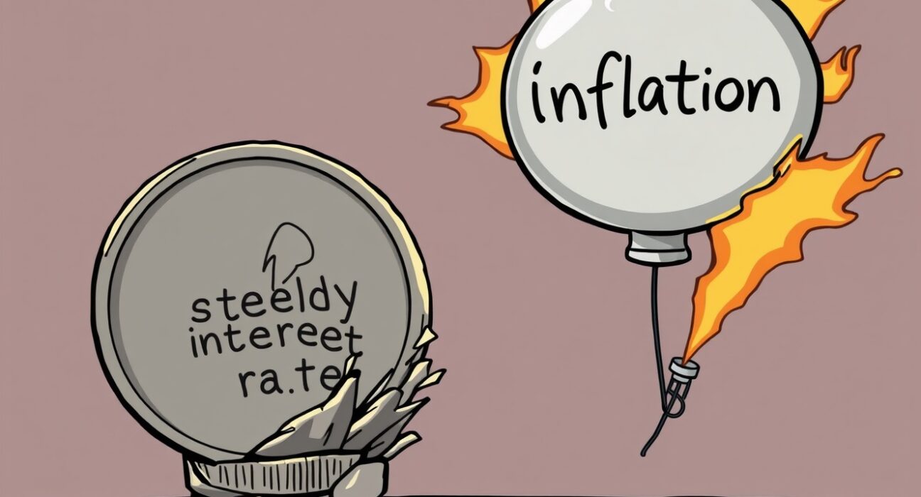 Cartoon showing steady Fed interest rates being diminished by a rising inflation balloon, illustrating Goolsbee's economic warning.