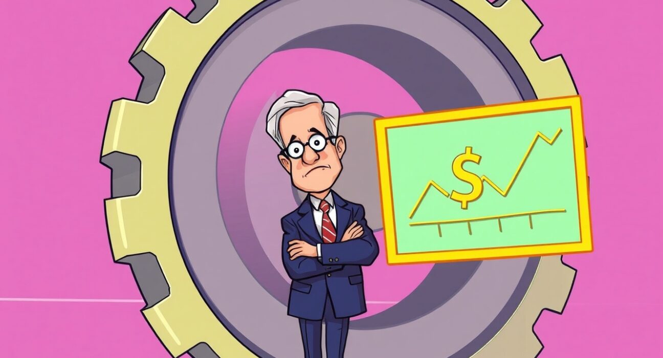 Cartoon illustration of Jerome Powell pondering the future of Fed interest rates, symbolizing a cautious approach to economic policy.