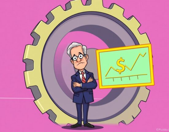 Cartoon illustration of Jerome Powell pondering the future of Fed interest rates, symbolizing a cautious approach to economic policy.