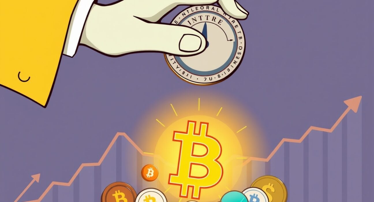 Cartoon illustration depicting the positive impact of Fed intervention crypto on the market, with a hand lowering interest rates and Bitcoin symbols rising.