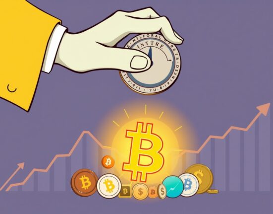 Cartoon illustration depicting the positive impact of Fed intervention crypto on the market, with a hand lowering interest rates and Bitcoin symbols rising.