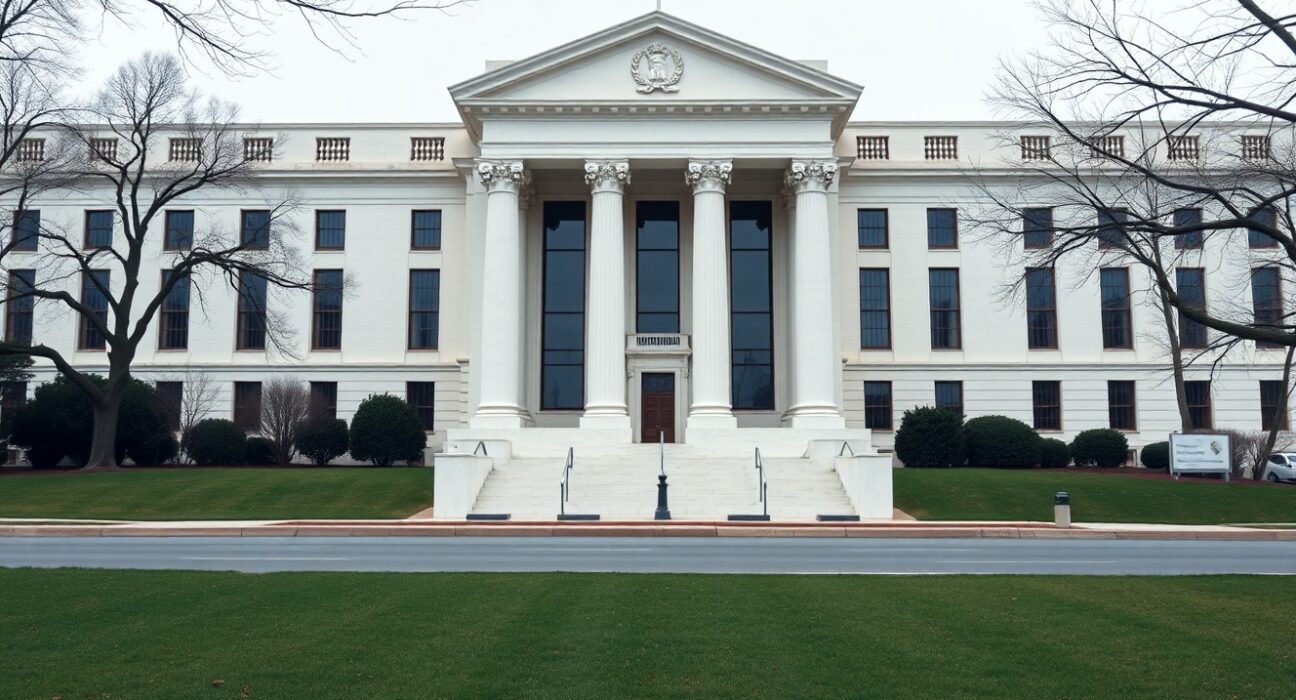 Exterior of the Federal Reserve building in Washington, D.C., under overcast sky